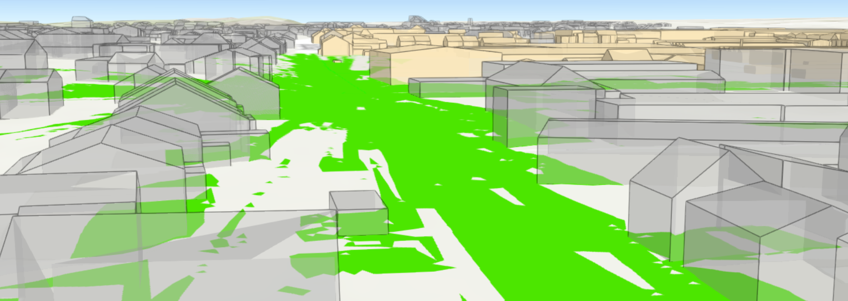 The picture shows the visibility of specific features in an area, in this case it shows where and how far you can see the traffic light that is located in the middle of the picture.